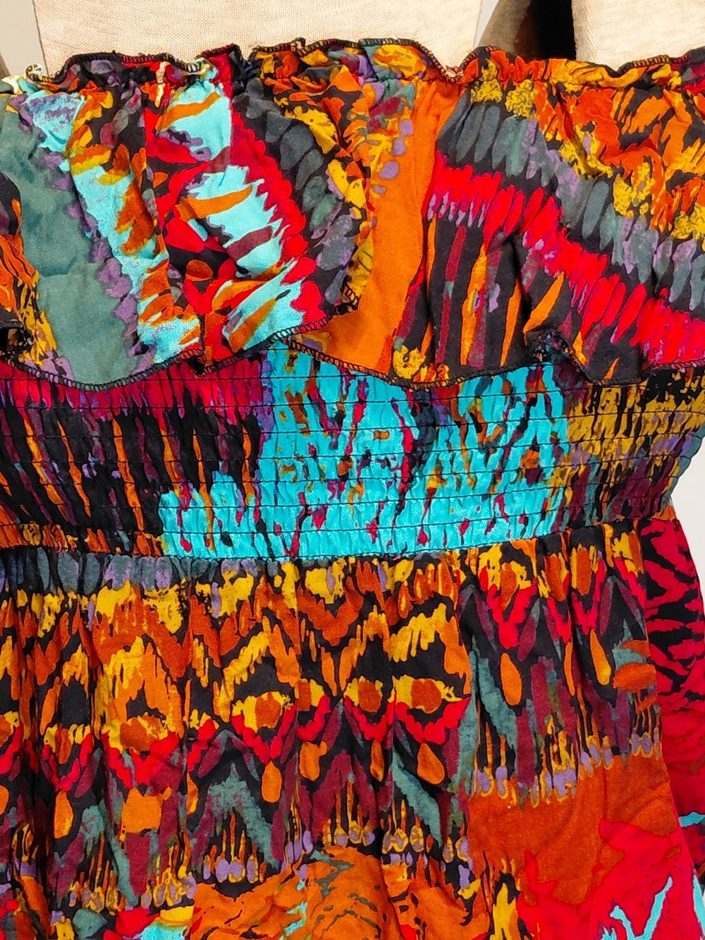 Women’s Strapless Smocked Ruffle Geometric Tribal Midi Dress Multicolor Size L
